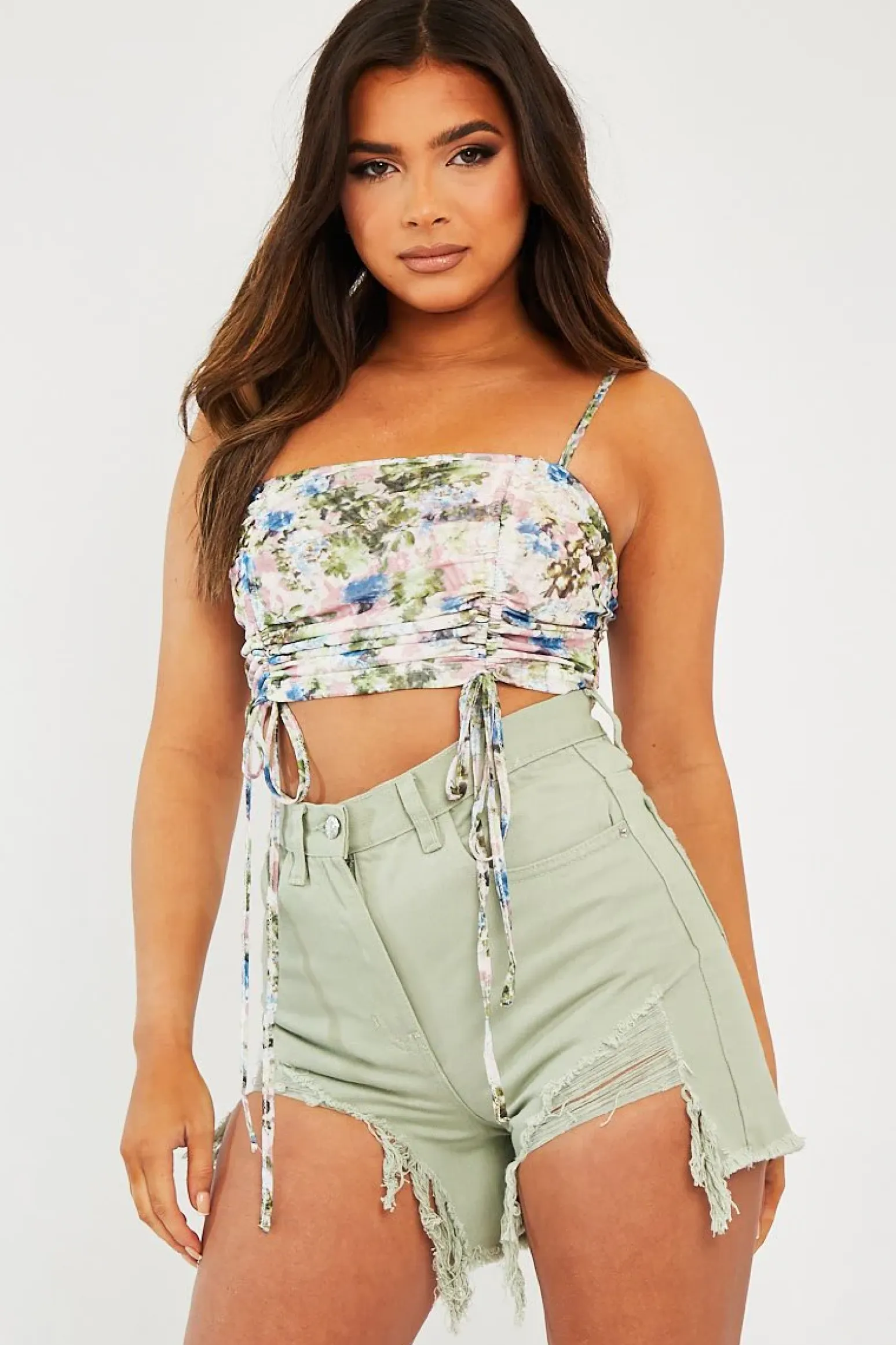 Rebellious Fashion Sage Denim Extreme Rip Front Shorts - Aarya
