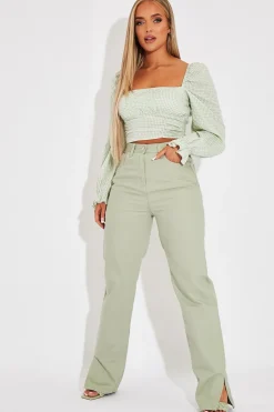 Rebellious Fashion Sage Denim Straight Leg Side Split Jeans - Tashi