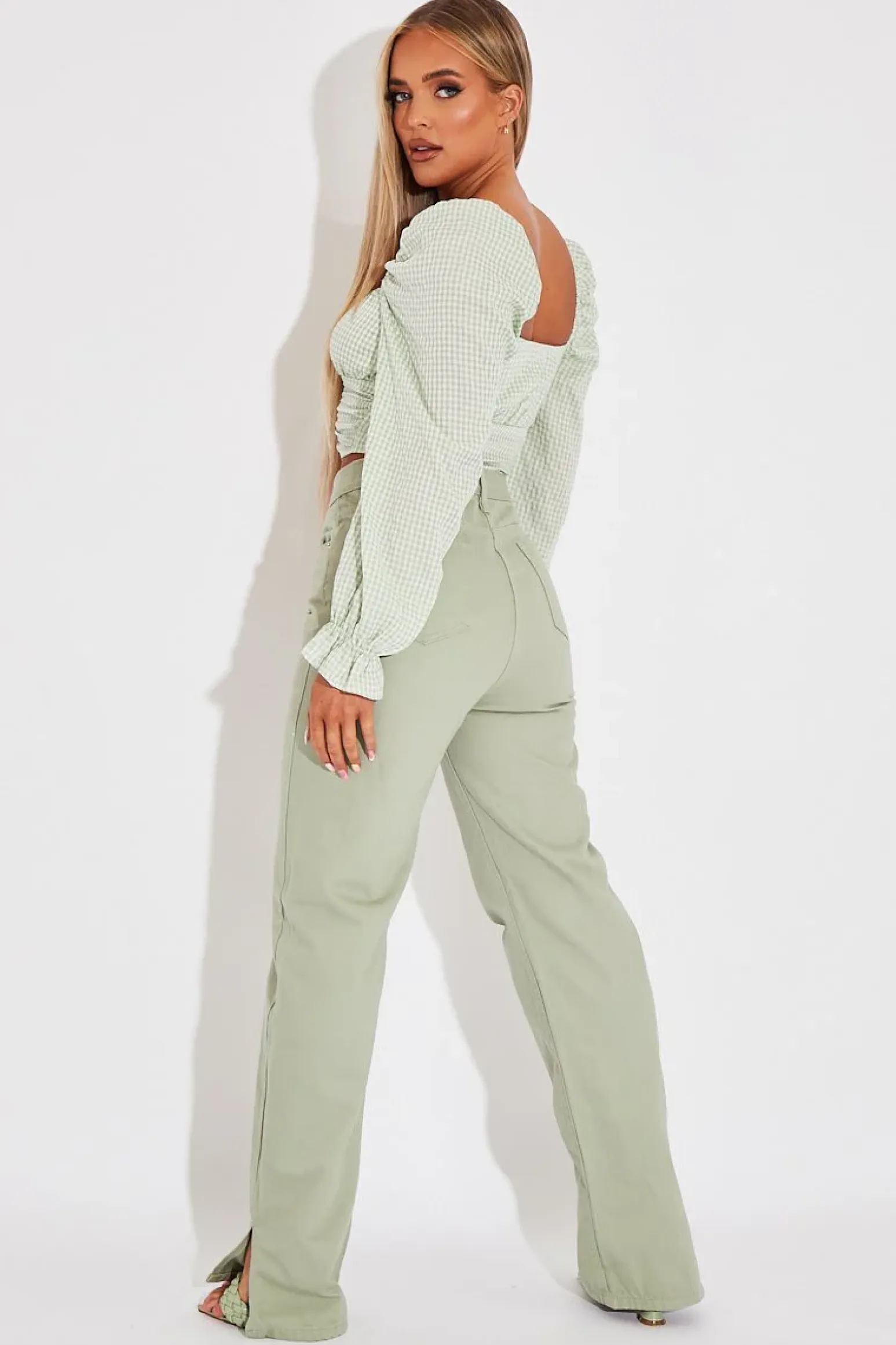 Rebellious Fashion Sage Denim Straight Leg Side Split Jeans - Tashi