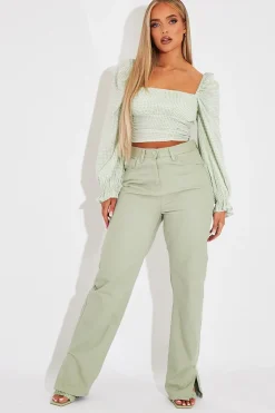Rebellious Fashion Sage Denim Straight Leg Side Split Jeans - Tashi