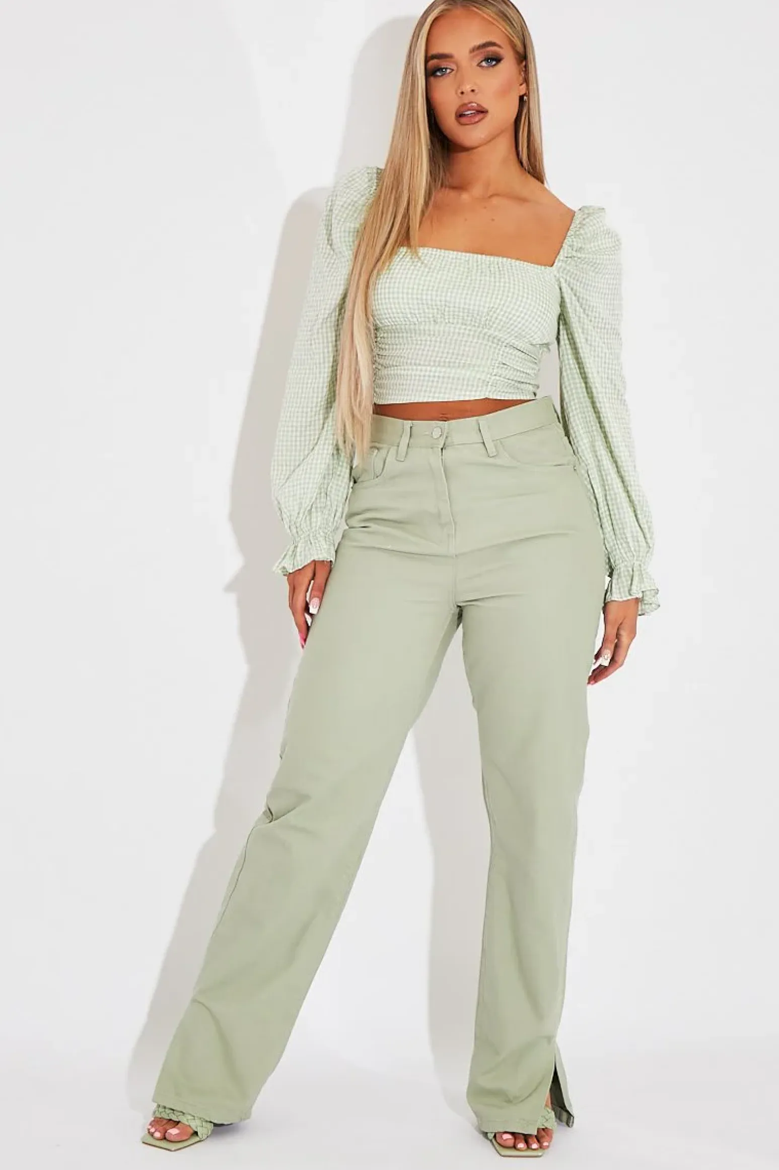 Rebellious Fashion Sage Denim Straight Leg Side Split Jeans - Tashi