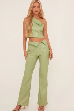 Rebellious Fashion Sage Faux Leather One Shoulder Top & Trousers Co-ord Set - Lydian