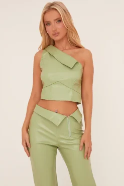 Rebellious Fashion Sage Faux Leather One Shoulder Top & Trousers Co-ord Set - Lydian