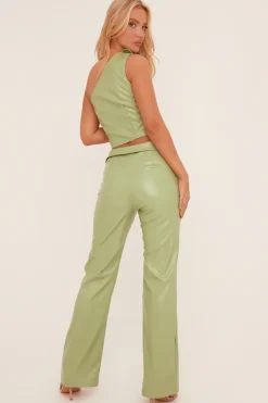 Rebellious Fashion Sage Faux Leather One Shoulder Top & Trousers Co-ord Set - Lydian