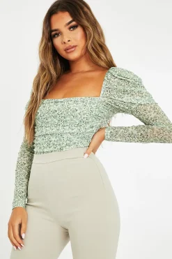 Rebellious Fashion Sage Floral Puff Sleeve Bodysuit - Deana