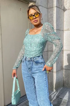 Rebellious Fashion Sage Floral Puff Sleeve Bodysuit - Deana