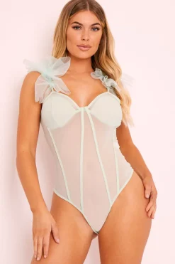 Rebellious Fashion Sage Mesh Corset Frill Strap Bodysuit - Valarie