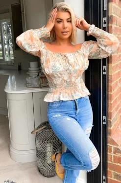 Rebellious Fashion Sage Nude Floral Puff Shoulder Crop Top - Aaleah