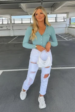 Rebellious Fashion Sage Plunge Button Front Collar Bodysuit - Isabella