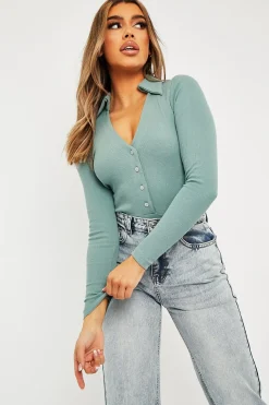 Rebellious Fashion Sage Plunge Button Front Collar Bodysuit - Isabella
