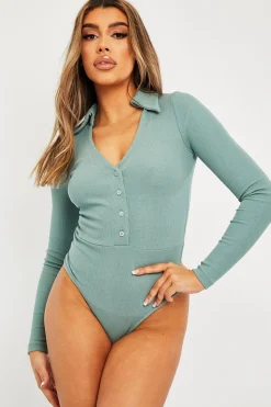 Rebellious Fashion Sage Plunge Button Front Collar Bodysuit - Isabella