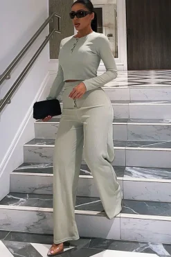 Rebellious Fashion Sage Ribbed Button Front Top + Trouser Co-ord - Emani
