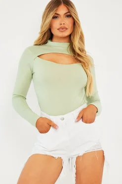 Rebellious Fashion Sage Ribbed Cut Out Detail Bodysuit - Murphie