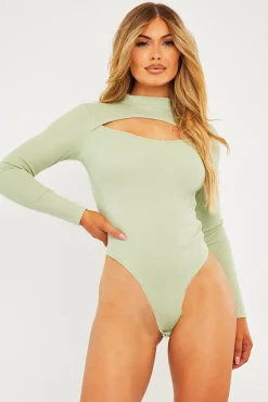 Rebellious Fashion Sage Ribbed Cut Out Detail Bodysuit - Murphie