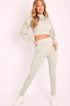Rebellious Fashion Sage Ribbed Puff Sleeve Top Loungewear Co-ord - Effy