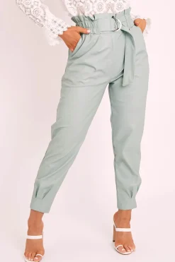 Rebellious Fashion Sage Ring Belt Straight Leg PU Trousers - Jazmine