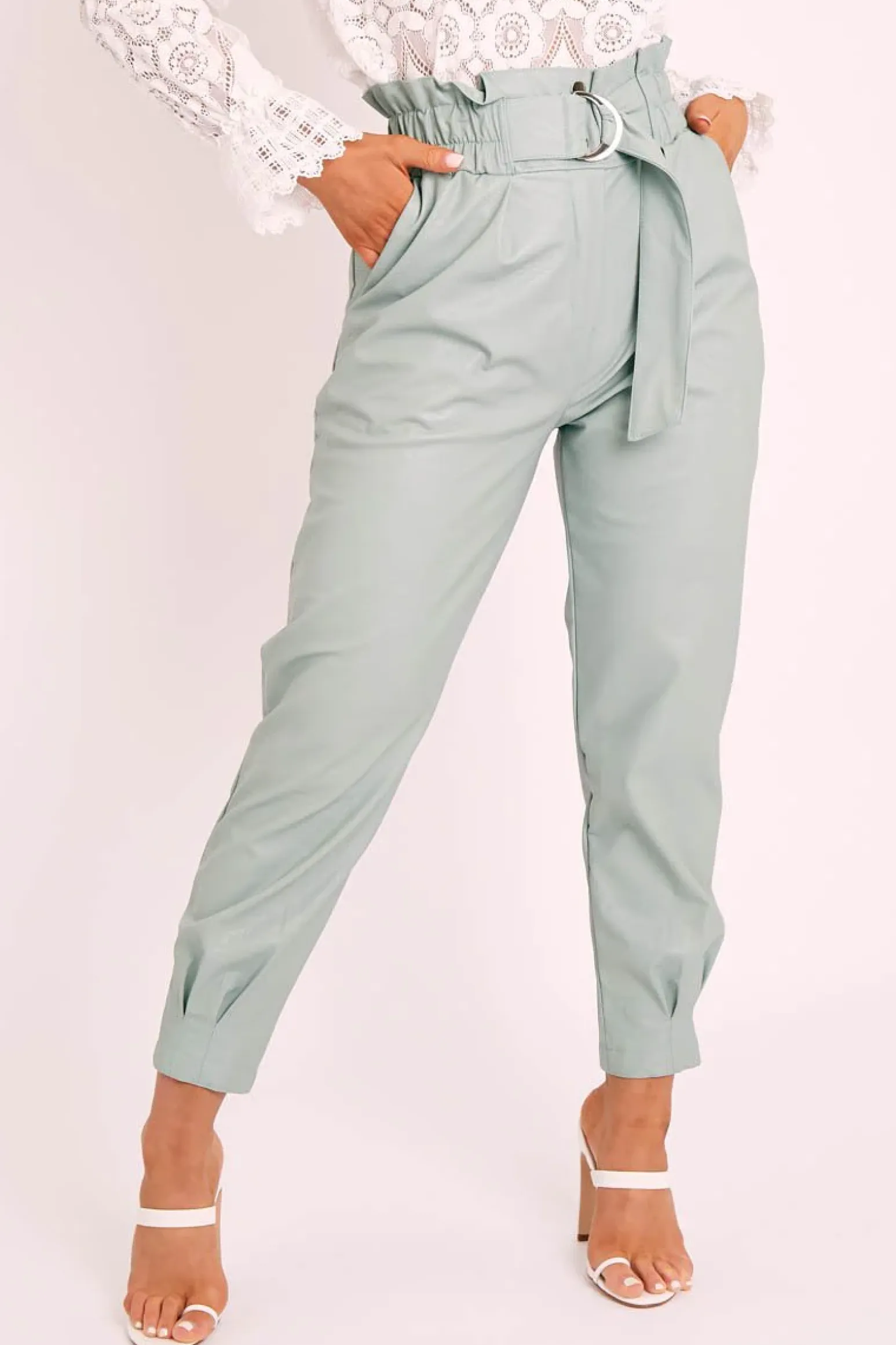 Rebellious Fashion Sage Ring Belt Straight Leg PU Trousers - Jazmine