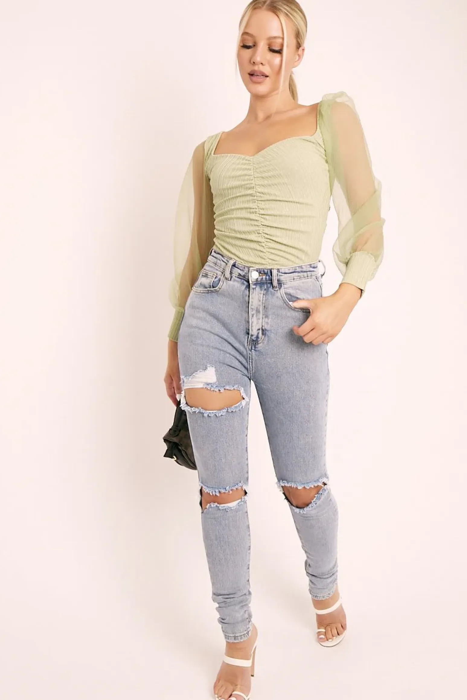Rebellious Fashion Sage Ruched Metallic Puff Sleeve Bodysuit - Elvie