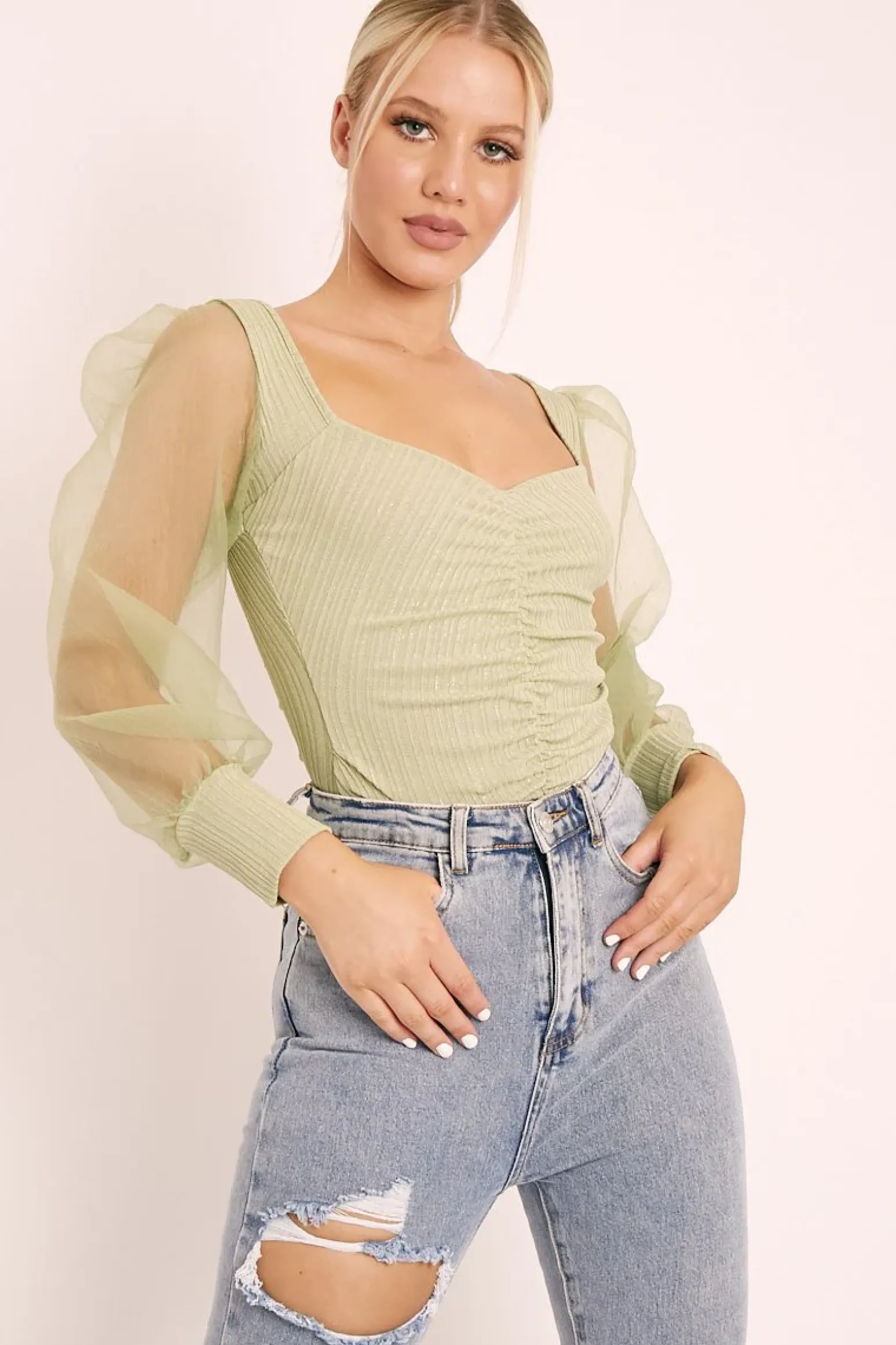 Rebellious Fashion Sage Ruched Metallic Puff Sleeve Bodysuit - Elvie