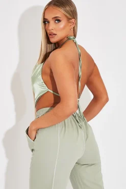 Rebellious Fashion Sage Satin Bandana Halter Crop Top - Talisa
