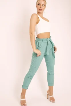 Rebellious Fashion Sage Tie Belt Paperbag Waist Trousers - Jaylea