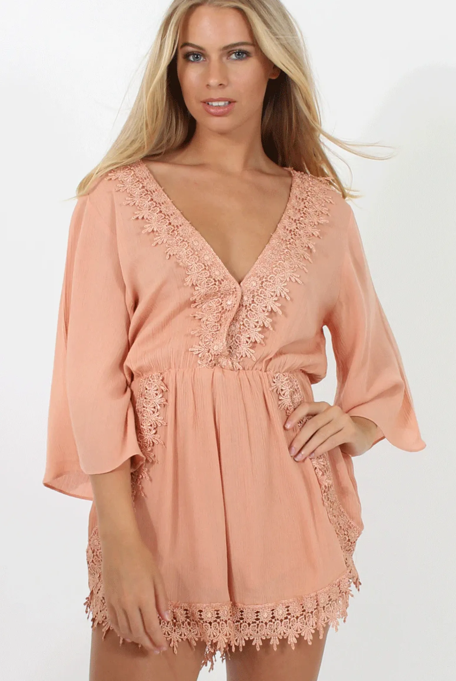 Rebellious Fashion Salmon Low Cut Crochet Playsuit - Evelyn