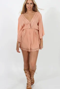 Rebellious Fashion Salmon Low Cut Crochet Playsuit - Evelyn