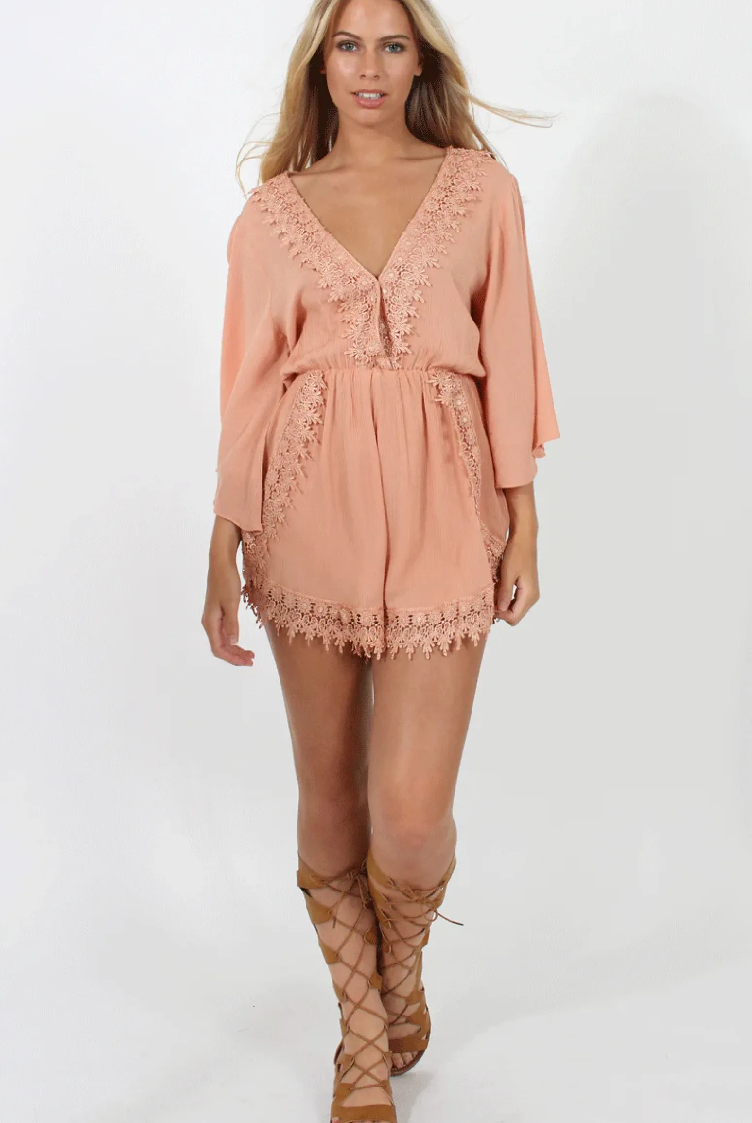 Rebellious Fashion Salmon Low Cut Crochet Playsuit - Evelyn