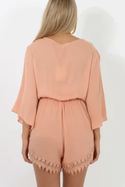 Rebellious Fashion Salmon Low Cut Crochet Playsuit - Evelyn