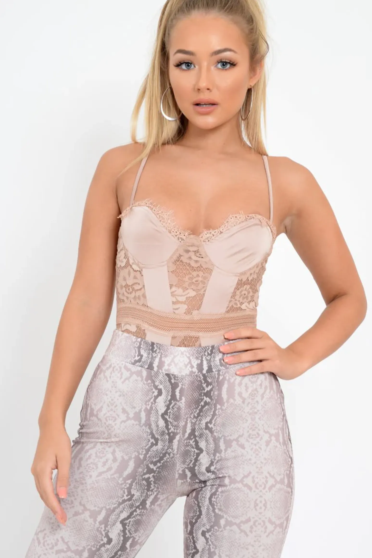 Rebellious Fashion Sand Scalloped Lace Satin Bodysuit - Jeriah