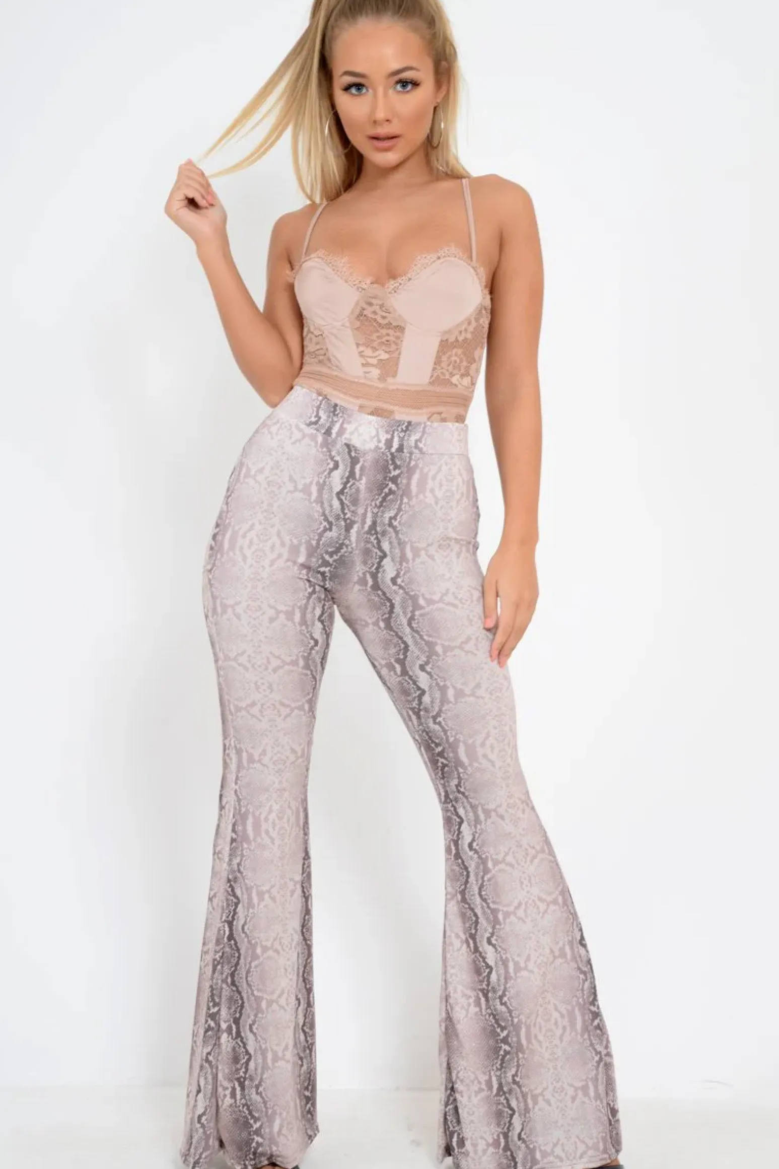 Rebellious Fashion Sand Scalloped Lace Satin Bodysuit - Jeriah