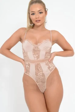 Rebellious Fashion Sand Scalloped Lace Satin Bodysuit - Jeriah