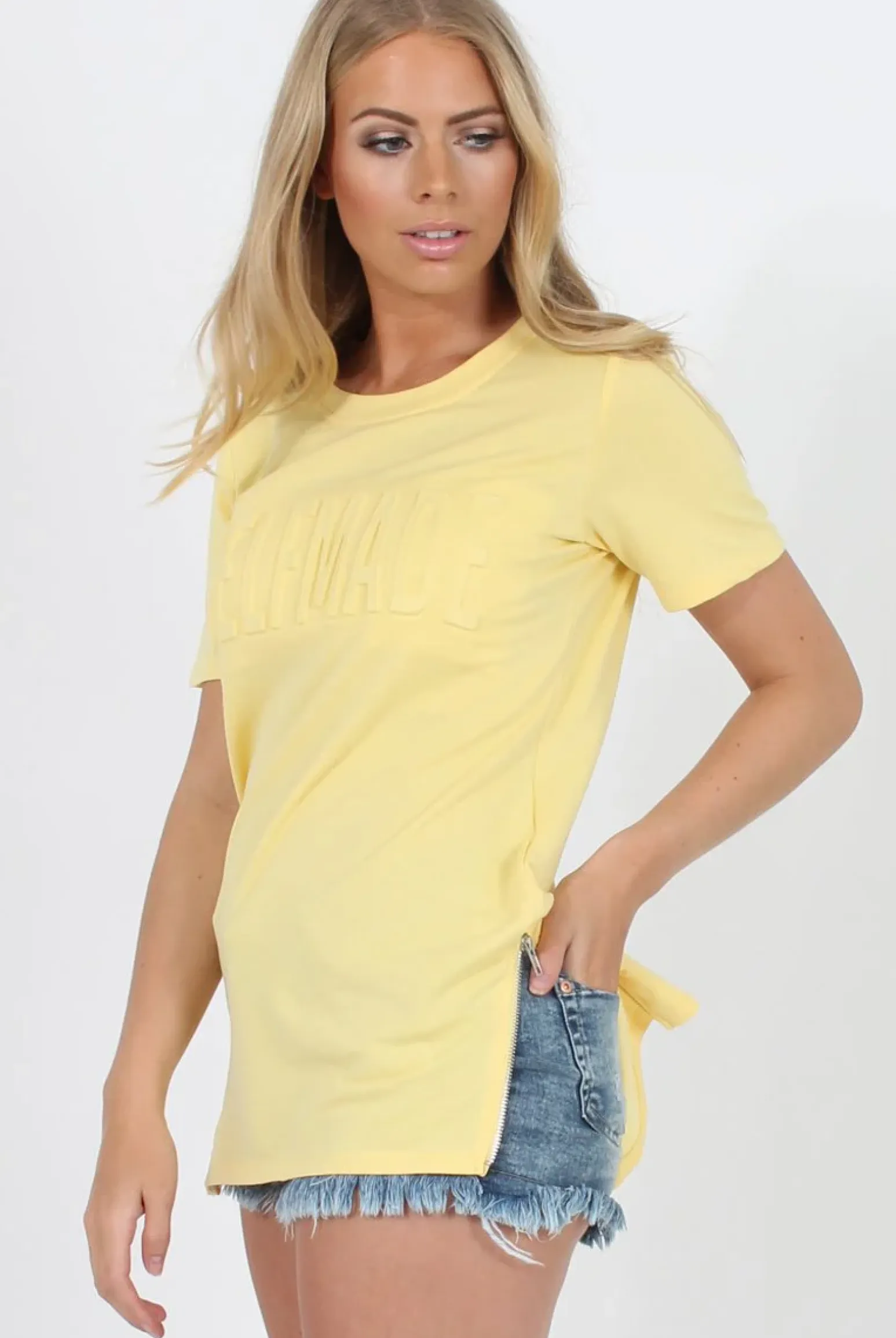 Rebellious Fashion Selfmade Yellow 3-D Slogan T-Shirt - Chandler