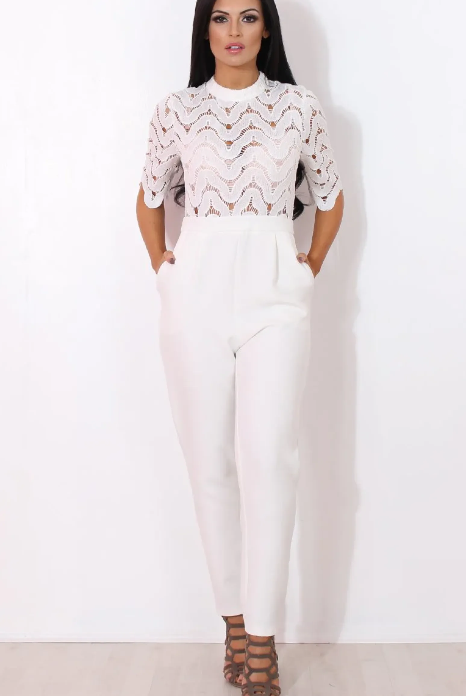 Rebellious Fashion Sergin White Lace High Neck Jumpsuit