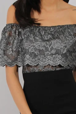 Rebellious Fashion Silver And Black Lace Frill Bardot Bodycon Dress - Cora