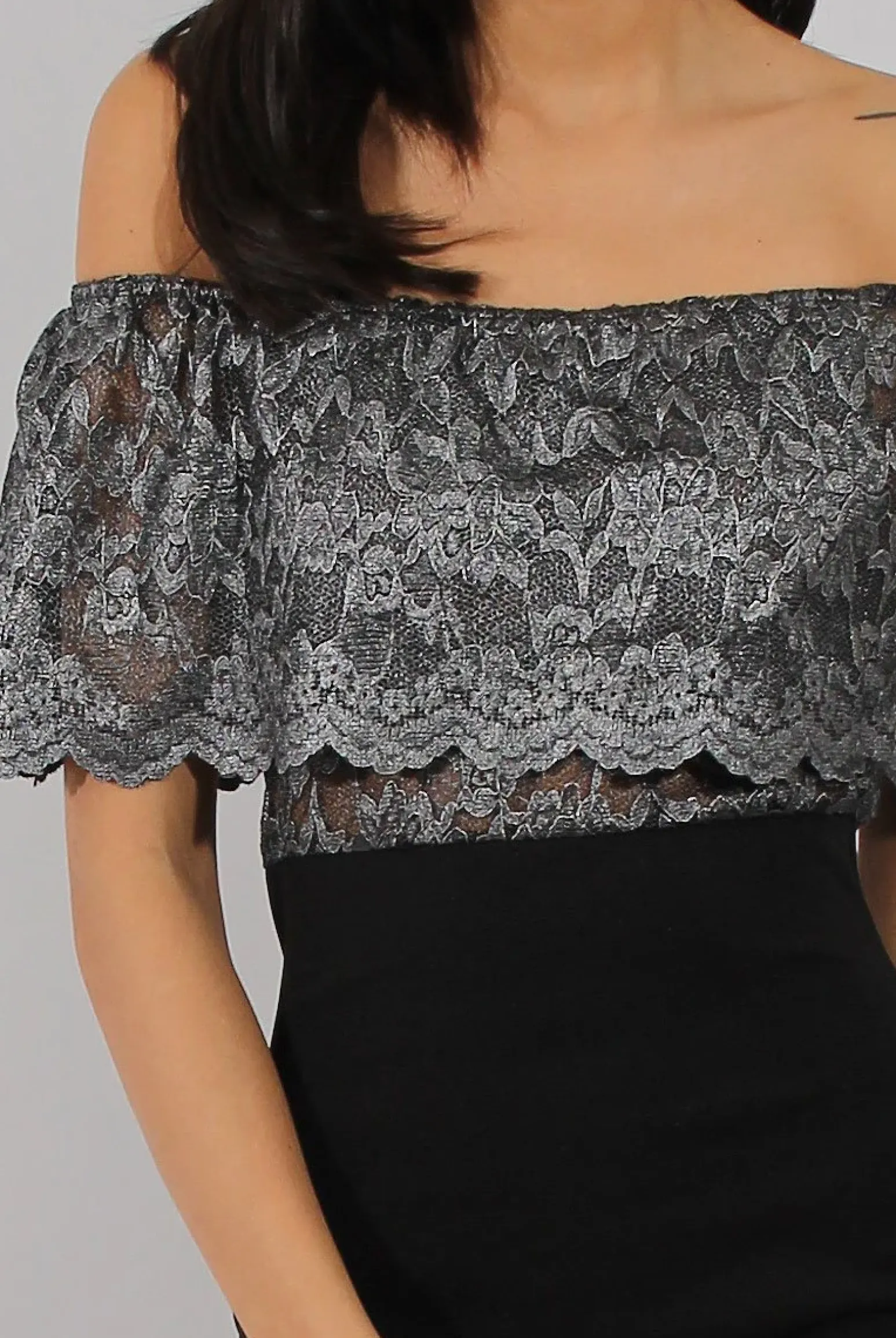 Rebellious Fashion Silver And Black Lace Frill Bardot Bodycon Dress - Cora