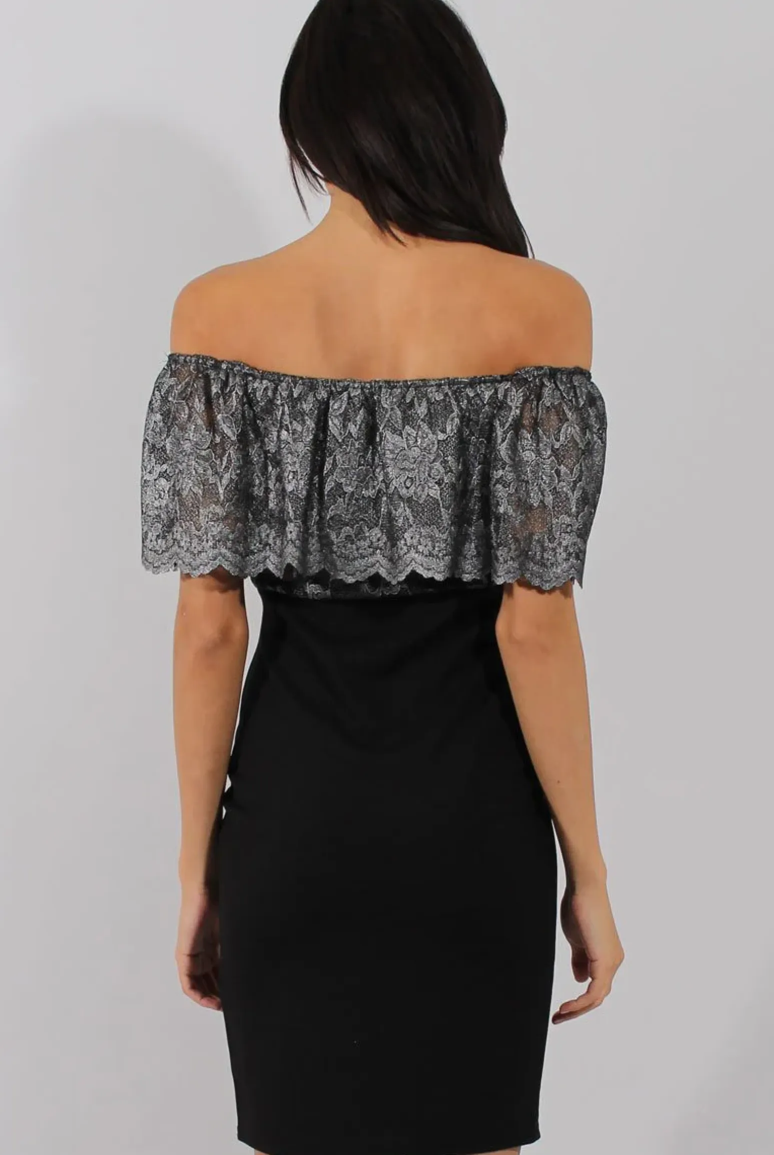 Rebellious Fashion Silver And Black Lace Frill Bardot Bodycon Dress - Cora