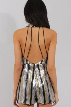 Rebellious Fashion Silver & Gold Sequin Plunge Playsuit - Sisley
