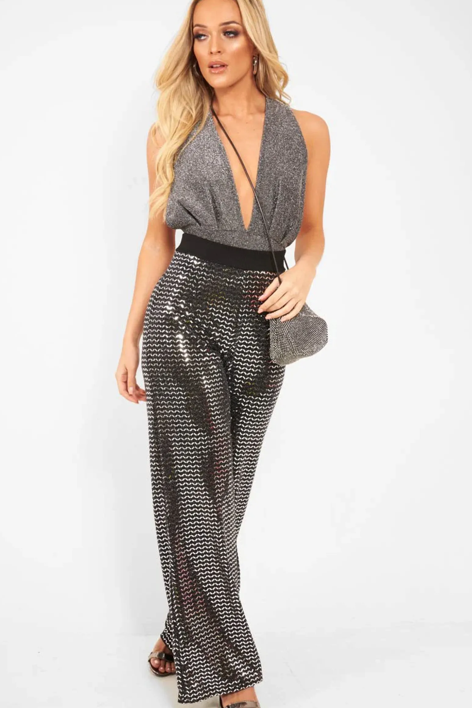 Rebellious Fashion Silver Black Plunge Cross Back Bodysuit - Jolina