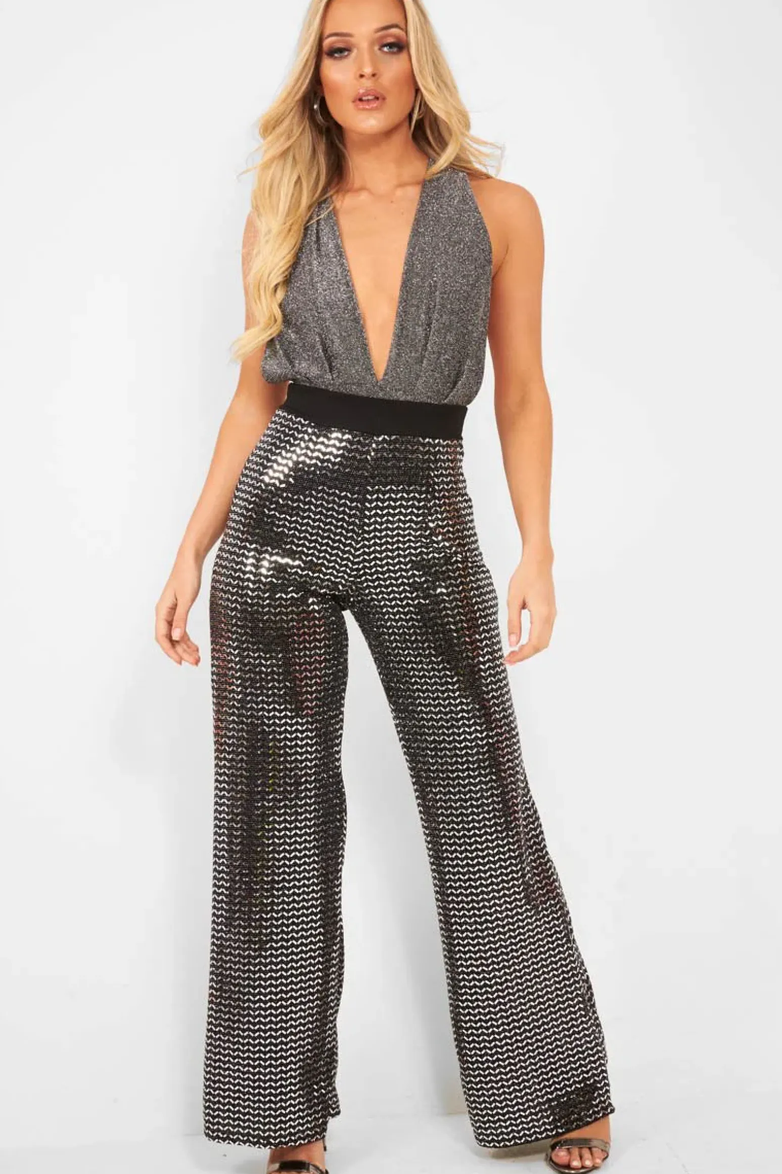 Rebellious Fashion Silver Black Plunge Cross Back Bodysuit - Jolina