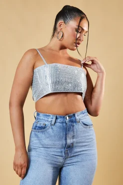 Rebellious Fashion Silver Diamante Detail Cropped Top - Grace