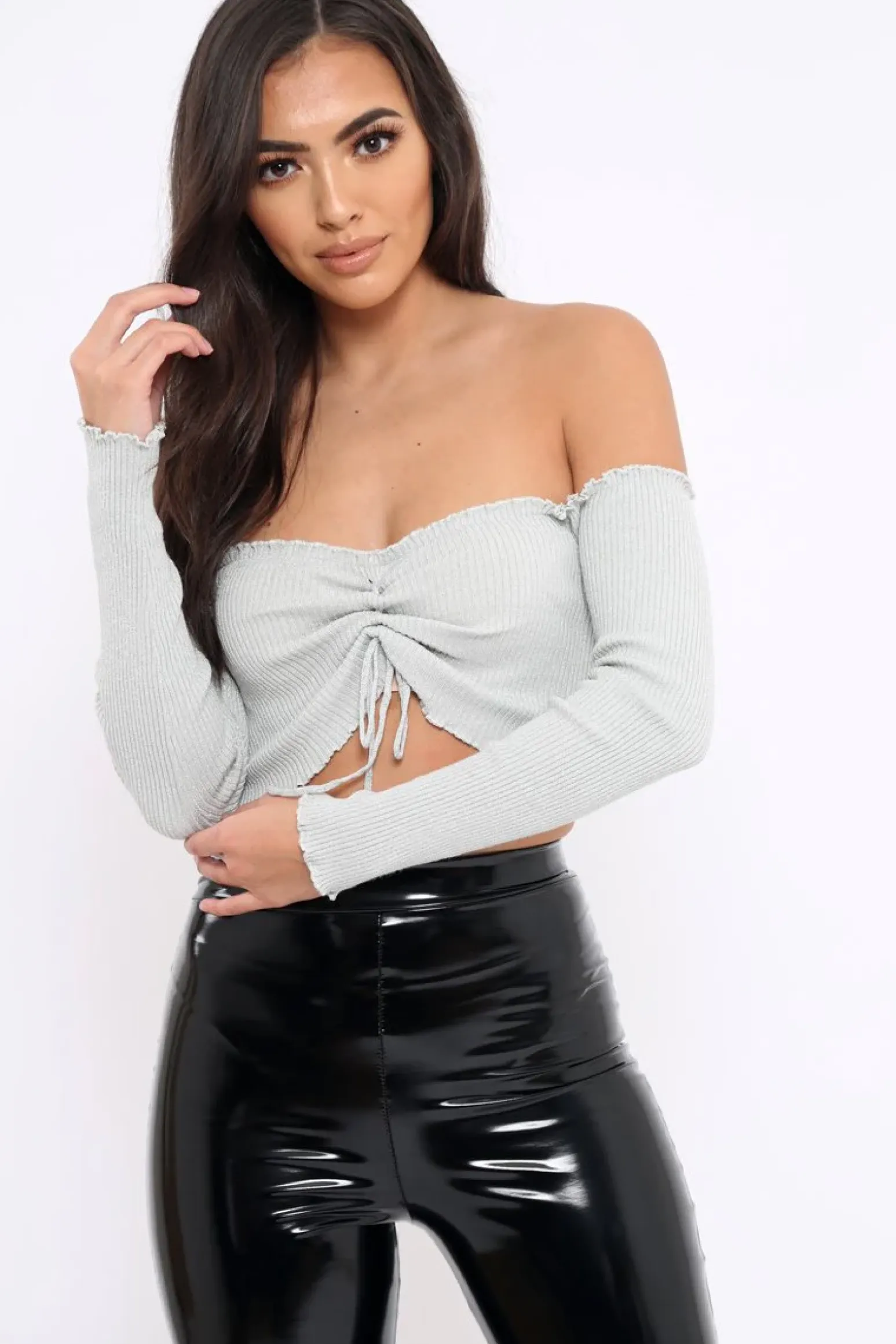 Rebellious Fashion Silver Gathered Middle Bardot Crop Top - Sally