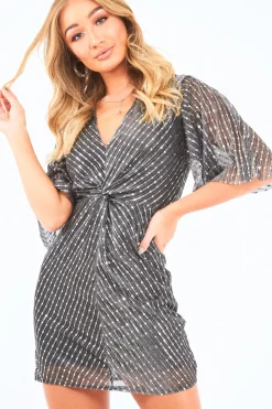 Rebellious Fashion Silver Glitter Plunge Twist Front Mini Dress - Idalis