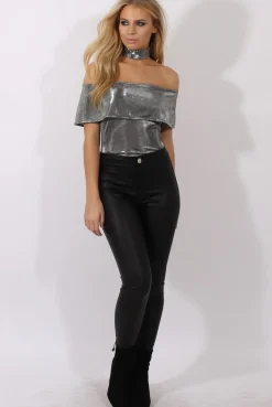 Rebellious Fashion Silver Metallic Bardot Choker Bodysuit - Ofelia