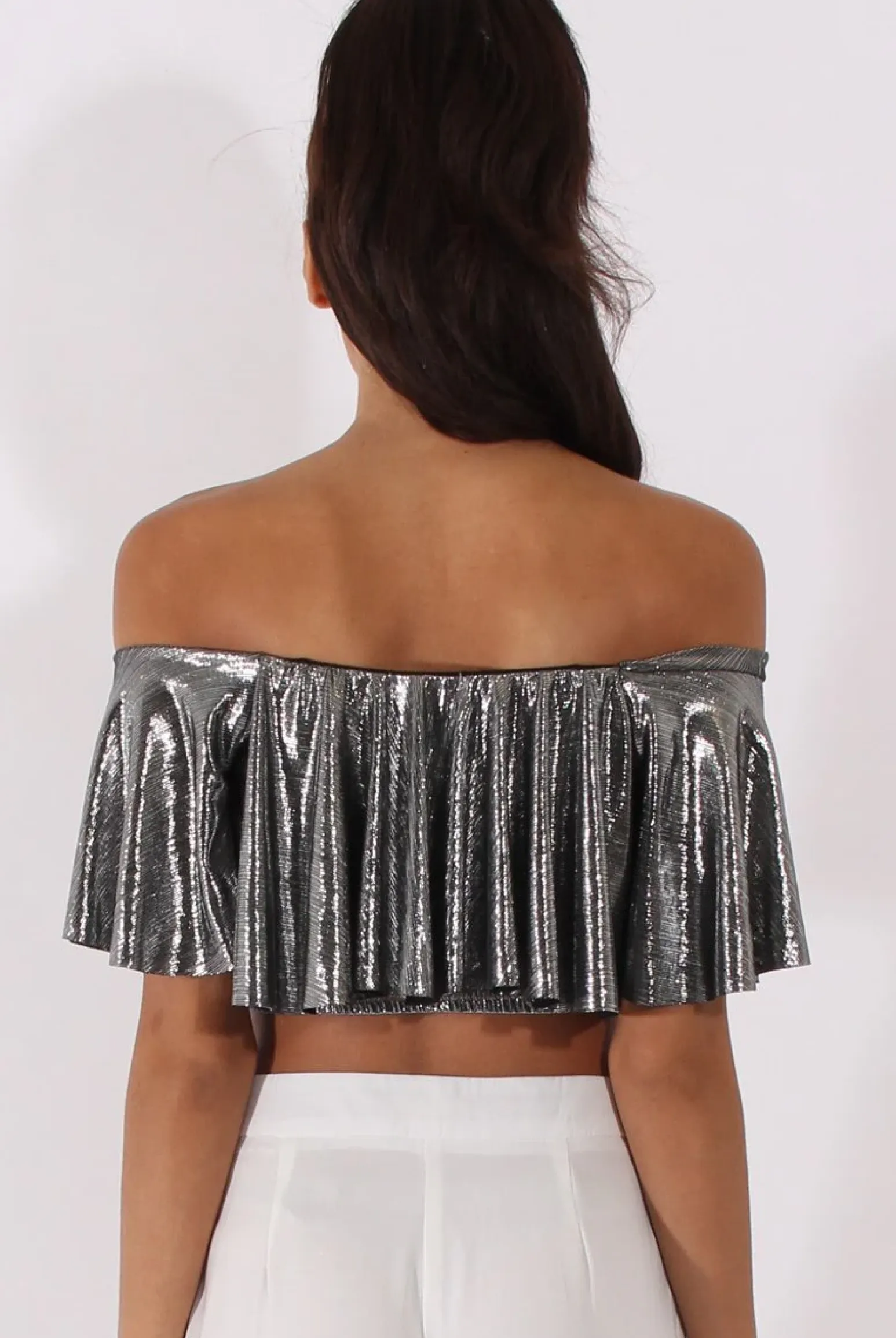 Rebellious Fashion Silver Metallic Bardot Frill Crop Top - Ariana