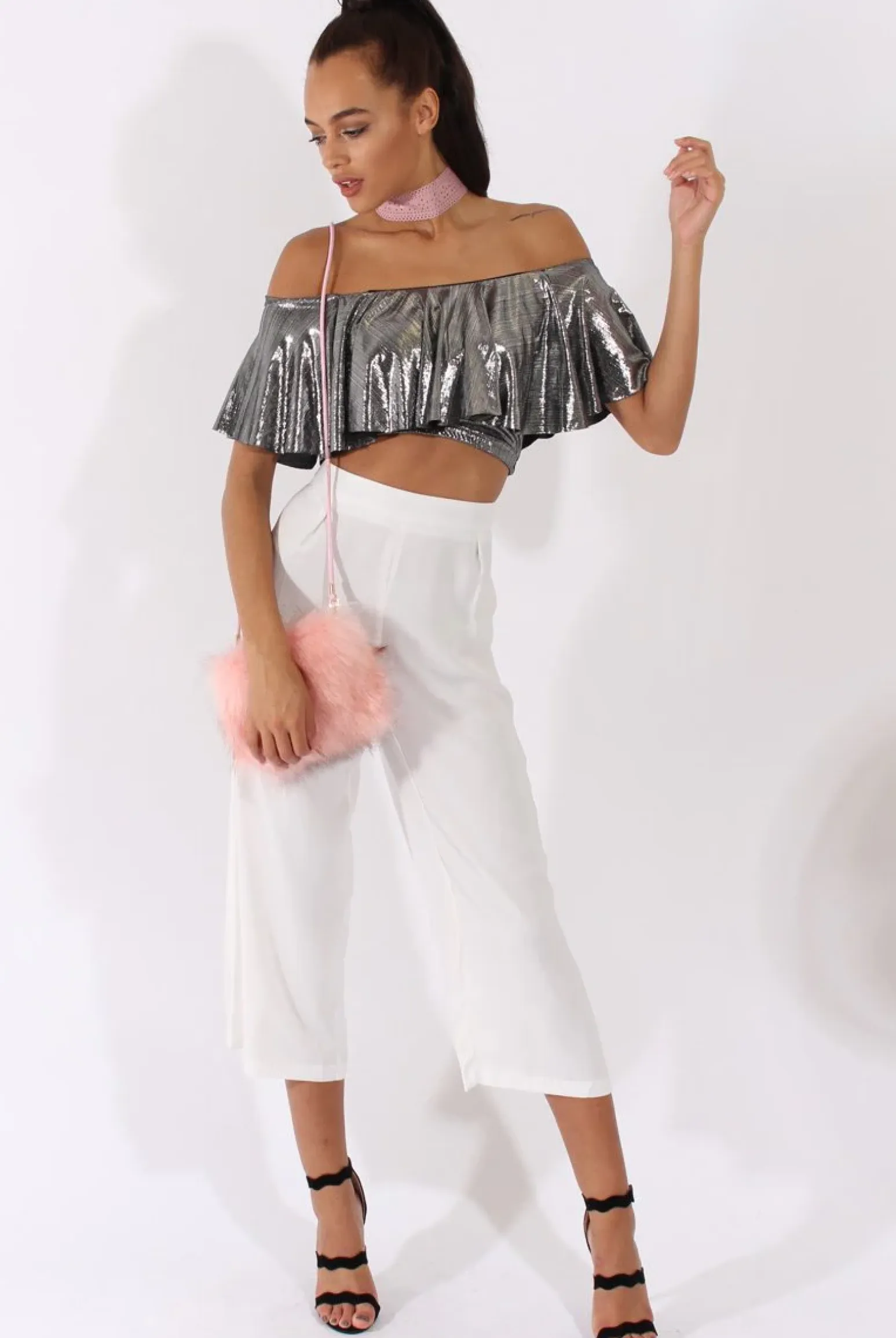 Rebellious Fashion Silver Metallic Bardot Frill Crop Top - Ariana