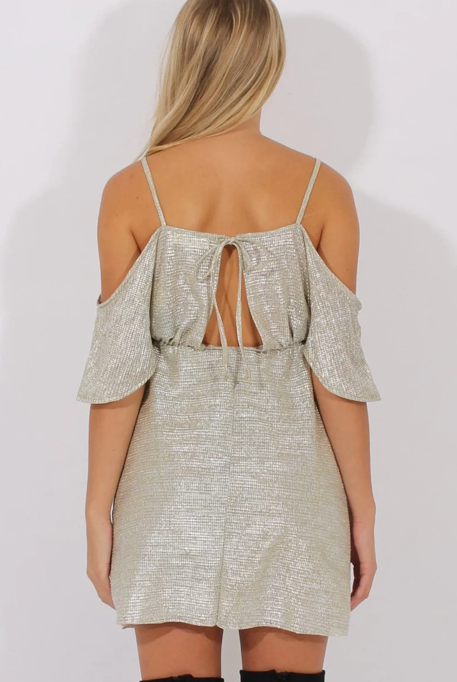 Rebellious Fashion Silver Metallic Cold Shoulder Tie Back Dress - Fern