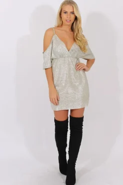 Rebellious Fashion Silver Metallic Cold Shoulder Tie Back Dress - Fern