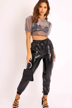 Rebellious Fashion Silver Metallic Finish Tie Back Crop Top - Cymone
