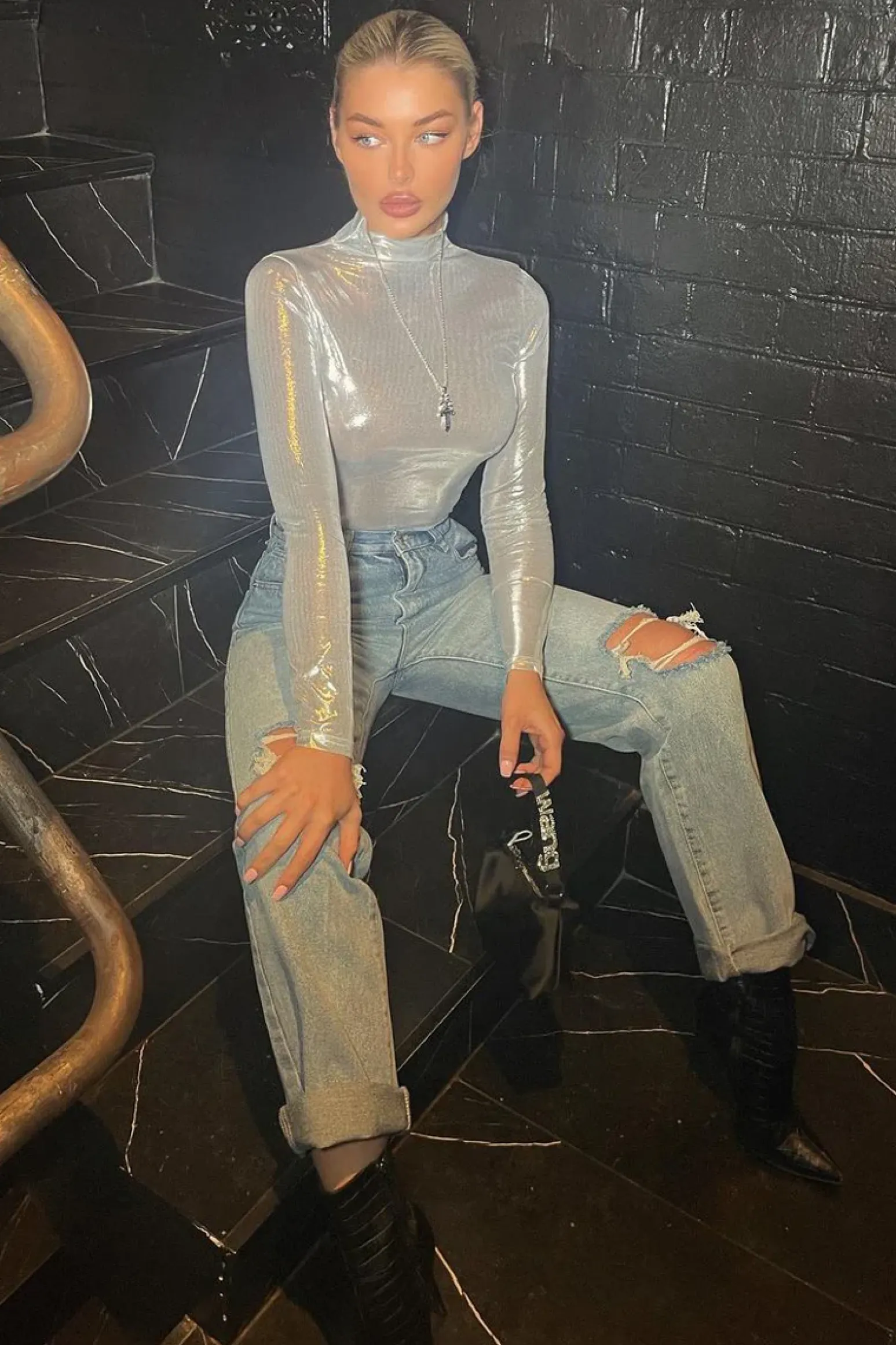 Rebellious Fashion Silver Metallic High Neck Long sleeve Top - Maho